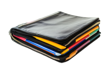 Colorful stationery neatly organized in a zippered black case on a plain background, perfect for students and professionals