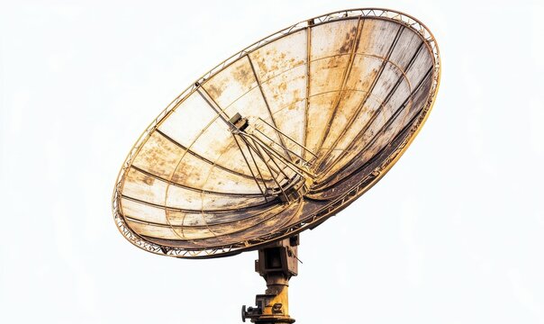 Large rusted parabolic antenna, outdoor, white background.