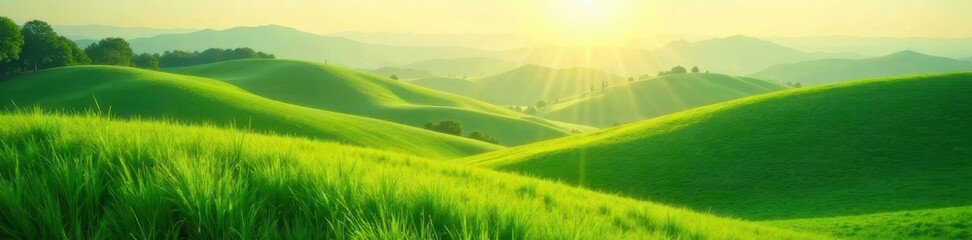 Fototapeta premium Rolling hills of emerald grass, soft sunlight filtering through , cloud, meadow