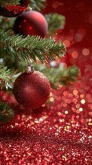 Obraz premium Festive christmas tree branch with baubles and twinkling lights