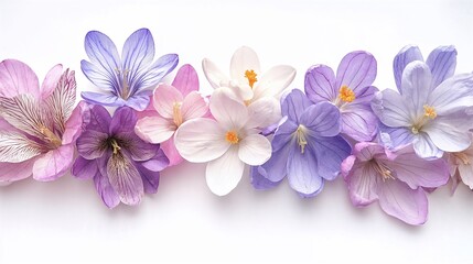 Obraz premium Crocus Blossoms in Vibrant Arrangement Representing Serenity Against White Background