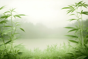Fototapeta na wymiar Misty morning, hemp plants framing serene lake, tranquil rural scene; ideal for wellness, nature, or cannabis-related content