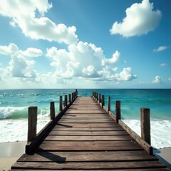 Fototapeta premium Rustic wooden pier stretches into cloudy sea Waves gently lap below , empty, view