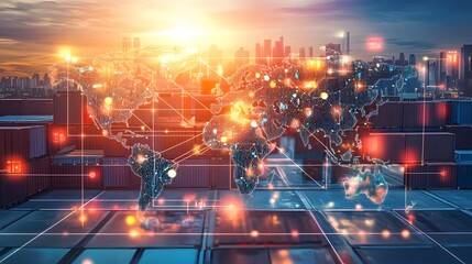 Fototapeta premium A vibrant cityscape with a digital map overlay, showcasing global connections and technology's impact on urban life