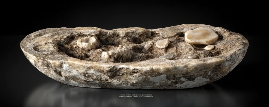 Ancient stone bowl, paleolithic artifacts, dark background, museum display