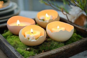 Delicate candles nestled in eggshells create charming, cozy ambi