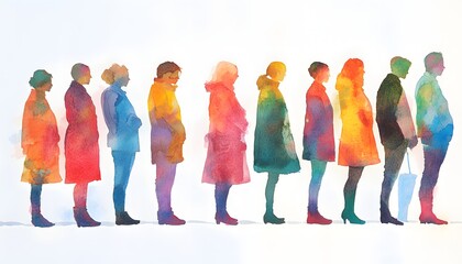 Obraz premium A vibrant watercolor illustration depicting a diverse group of people standing in line. The colorful figures represent various genders and styles, showcasing unity in diversity.