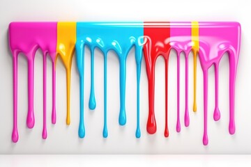 Colorful dripping paint in vibrant yellow, pink, and turquoise on a white background, abstract artistic design and creative concept