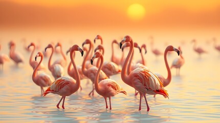 Obraz premium Gentle soft light, bold acrylic painting of flamingos in a shallow body of water at sunset. Flamingos in various poses, necks stretched or bent. Light blue water, hazy orange and yellow background. L
