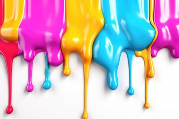 Colorful dripping paint in vibrant yellow, pink, and turquoise on a white background, abstract artistic design and creative concept