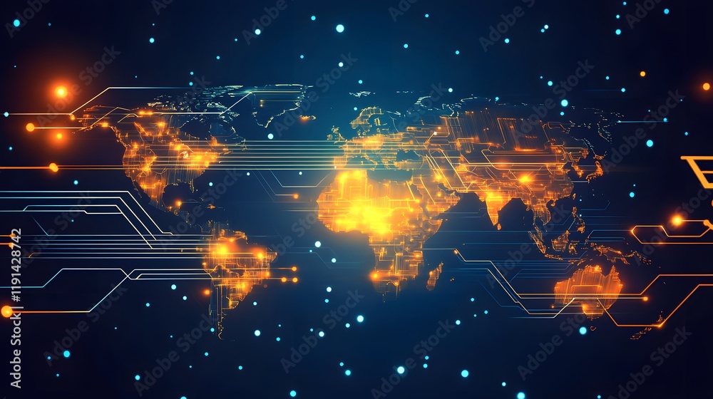 Poster an abstract representation of a digital world map connected by glowing lines, symbolizing global net