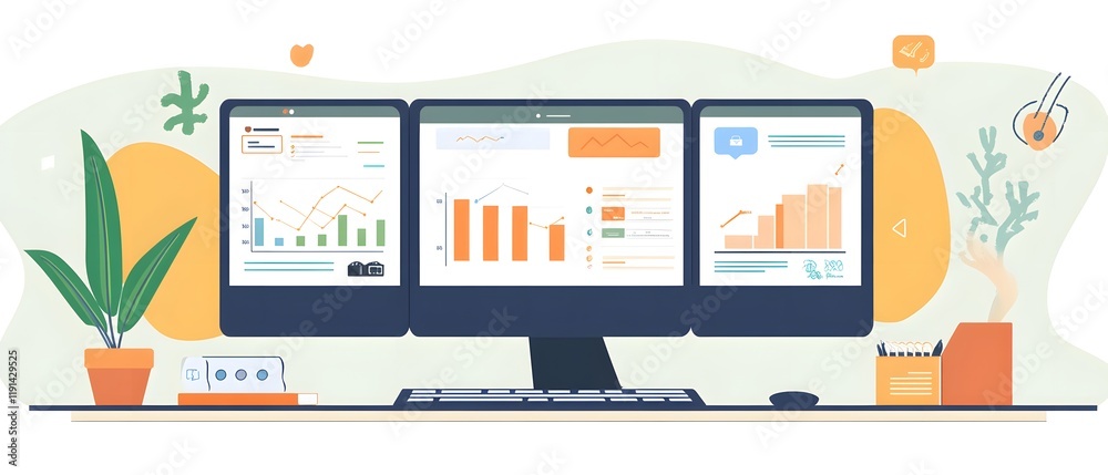 Poster illustration of a modern workspace with three computer monitors displaying data analytics, graphs, a