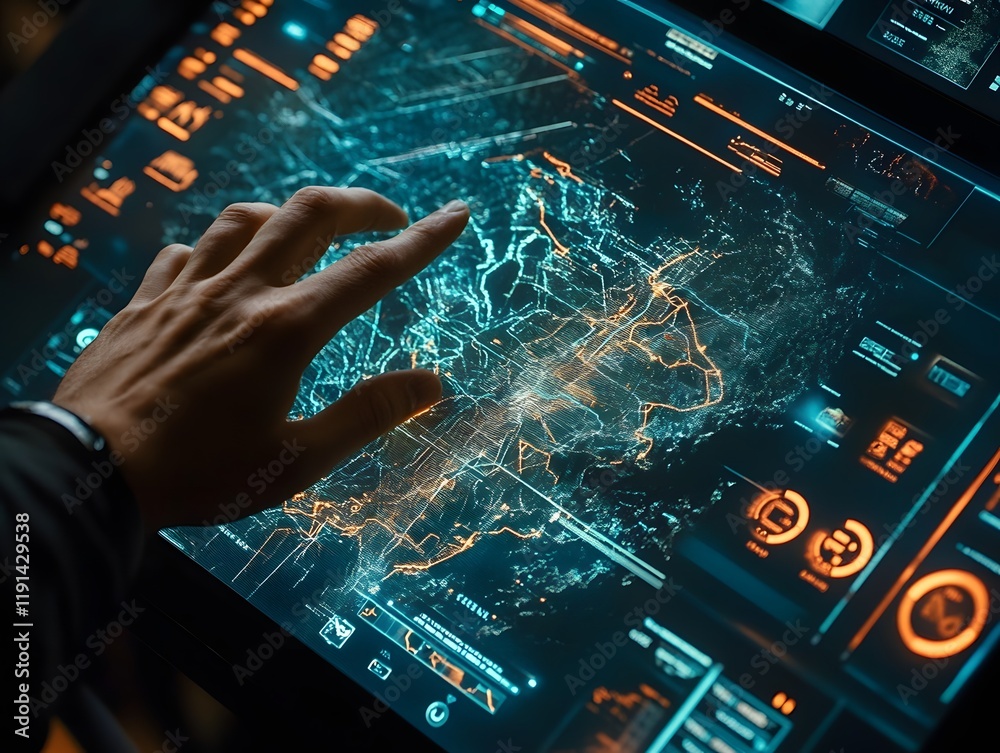 Poster futuristic user interface showcasing a hand interacting with a digital map on a touch screen. the de