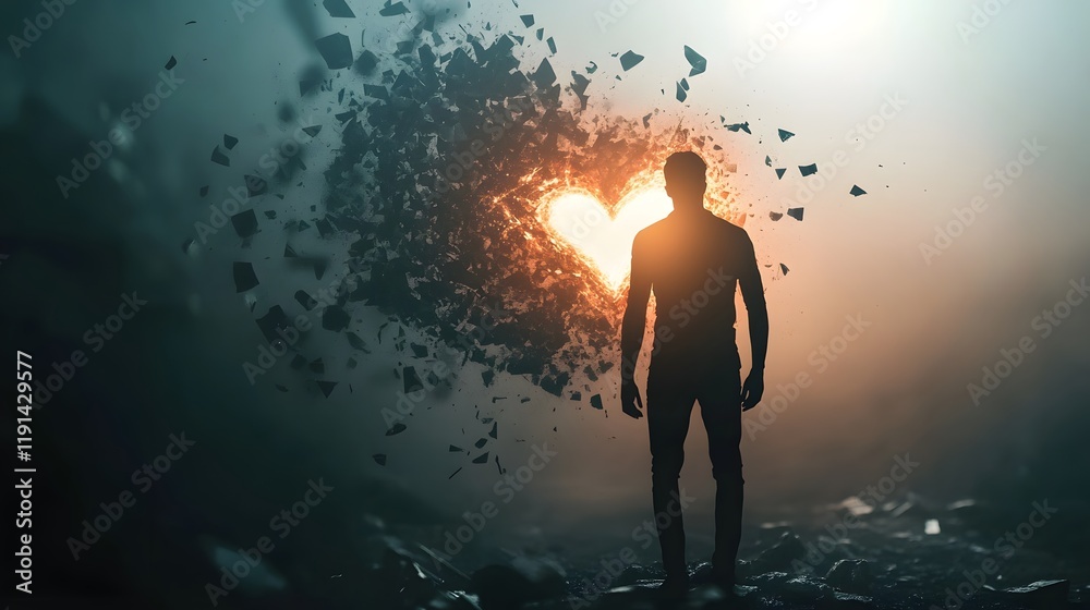 Poster man standing in shadows as heart shatters into fragments, symbolizing love and emotion in a dreamlik