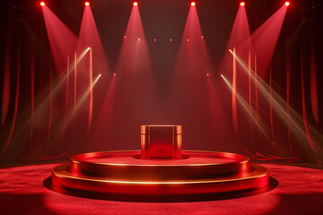 Red Theater Stage with Dramatic Lighting and Velvet Curtains, Elegant Performance Venue Setup with Spotlight and Theatrical Atmosphere