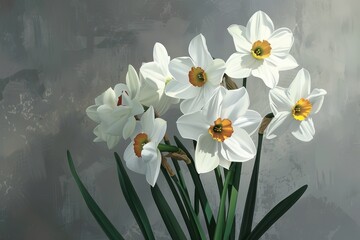 A bouquet of white daffodils, with petals that have yellow centers and green stems against a gray background
