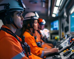 Professionals in safety gear operate complex machinery with focus and teamwork.