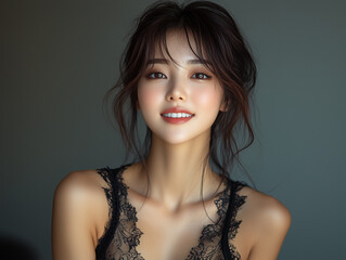 Radiant Korean woman smiling softly in a natural light setting with a minimalistic background