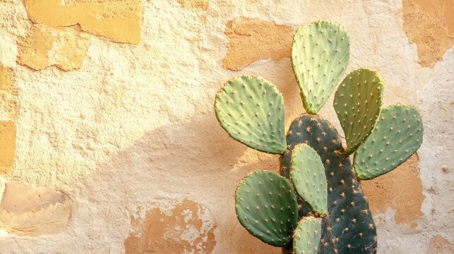 Green cactus against warm, textured wall, showcasing natural bea