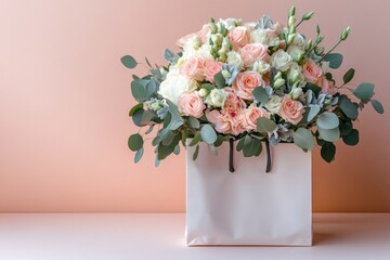 Fototapeta premium Elegant bouquet in gift bag showcases soft pastel colors and lus