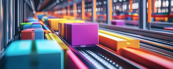 Vivid conveyor belt with colorful boxes moving in a modern warehouse setting.