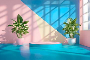 Pink and Blue Abstract 3D Geometric Arch Stairs Minimalist Background