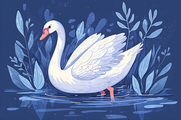 Naklejka premium Elegant Swan in Tranquil Water Surrounded by Lush Greenery