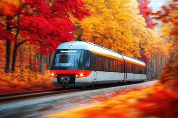 Obraz premium Train glides through vibrant autumn landscape, surrounded by col