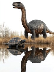 Obraz premium Prehistoric reptile and turtle by calm water; nature scene