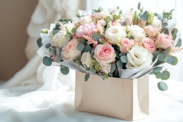 Elegant bouquet featuring soft pink and white roses with lush gr