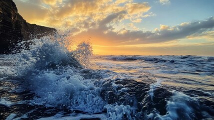 Obraz premium Ocean Sunrise Splash: Golden Hour Seascape