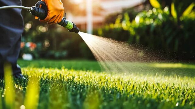 Spraying water on lush green grass during evening sunlight in a residential garden