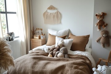 Cozy bedroom scene featuring soft pillows, teddy bears, and warm