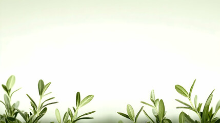 Fototapeta premium Rosemary sprigs border on white background; cooking, herbal medicine, natural beauty concept; website header, recipe book