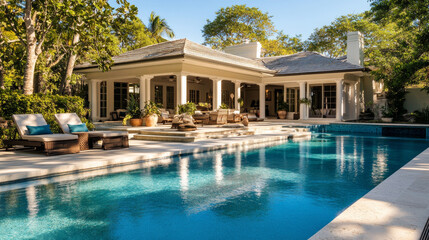 The composition is sharp and refreshing, ideal for showcasing a luxurious poolside retreat.