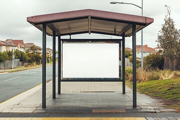 Naklejka premium Empty bus stop featuring blank advertisement space under cloudy