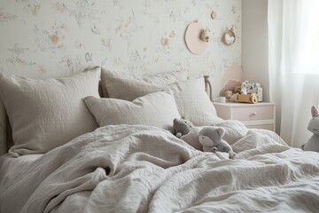 Cozy bedroom scene with soft bedding, plush toys, and warm natur