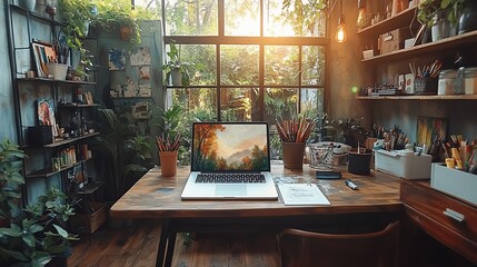 Fototapeta premium Serene Artist's Workspace: Laptop Displaying Autumn Landscape, Abundant Greenery, Wooden Desk & Shelves Filled with Art Supplies