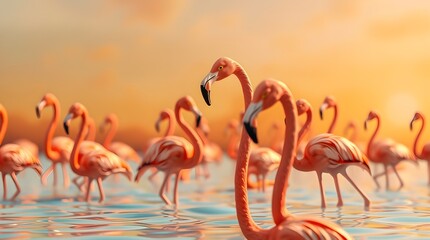 Fototapeta premium Candid street photography Flamingos in shallow, light blue water against a hazy orange and yellow sunset. Various flamingo poses, sharp focus on foreground birds, blurred background. 