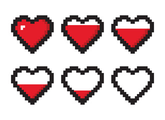 Pixel game life bar isolated on white background. Vector art 8 bit health heart bar in a video game.