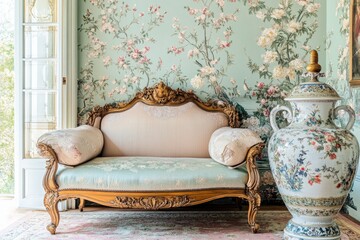 Elegant vintage sofa complements floral wallpaper and ornate vas