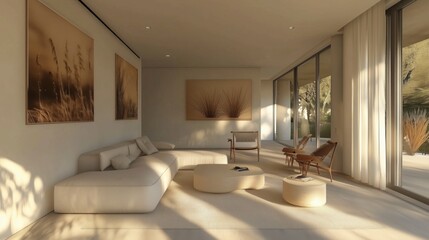 Interior delmsal&oacute;n una casa con decoraci&oacute;n minimalista, sof&aacute; esquina y cuadros con paisajes