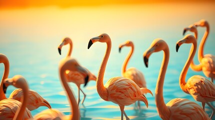 Obraz premium A low-angle, close-up shot of a flock of flamingos in shallow, light blue water at sunset. The flamingos are in sharp focus, with blurred flamingos in the background. 