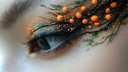 Autumnal Eye Makeup: A Close-Up of Intricate Pumpkin Design