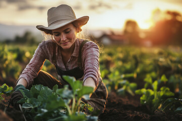 Peasant woman with hat working in the field.