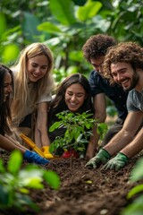 Group of five people laughing while planting trees in a community garden, their hands dirty