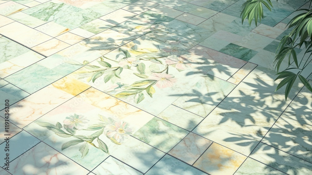 Wall mural Sunlit Patterned Tiles with Leaf Shadows in a Garden Setting