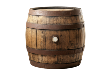 Wooden barrel placed upright, showcasing craftsmanship and rustic design from a bygone era in a storage space
