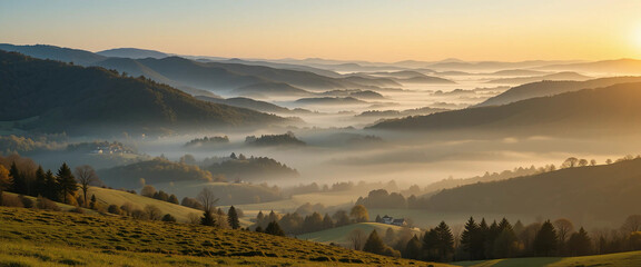 Fototapeta premium Early morning fog is slowly rising. Creating a breathtaking view of the valley nestled between rolling hills covered in lush green vegetation and coniferous forests. Illuminated by the soft sunlight.