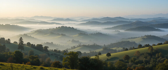Fototapeta premium Early morning fog is slowly rising. Creating a breathtaking view of the valley nestled between rolling hills covered in lush green vegetation and coniferous forests. Illuminated by the soft sunlight.